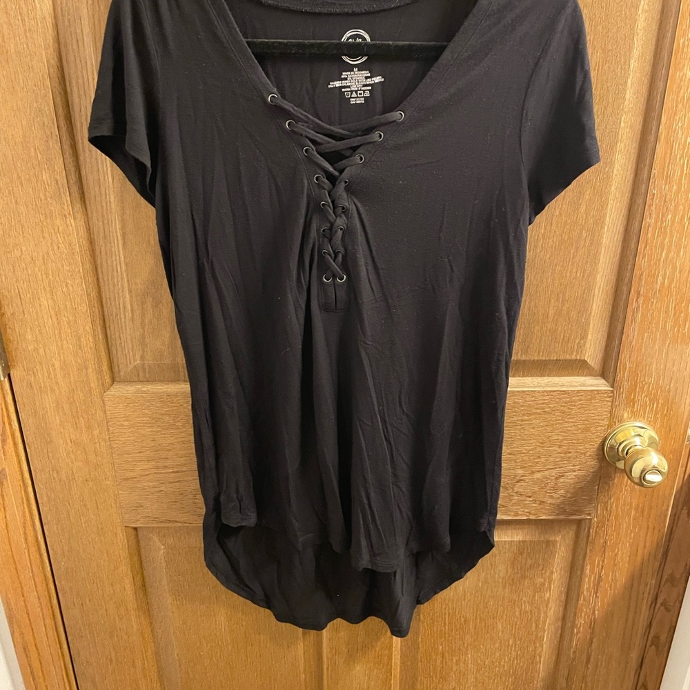 Maurices Black Lace-Up Short Sleeve Top